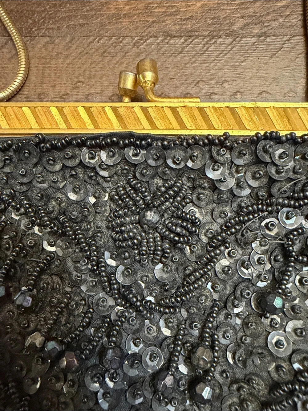 Elegant black beaded vintage 1960s DENA of Dallas clutch handbag gold hardware
